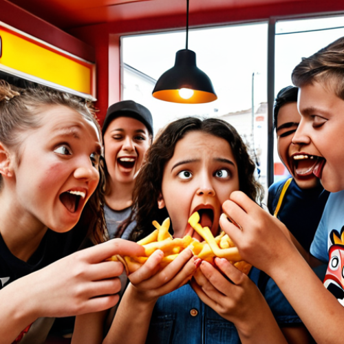 **A group of Alpha generation kids (born 2010+) enthusiastically testing new french fry sauces at the "Frietopia" (a fictional local Rotterdam fries shop), capturing their honest reactions for an Instagram post.** (This represents authentic user engagement and local Rotterdam context.)