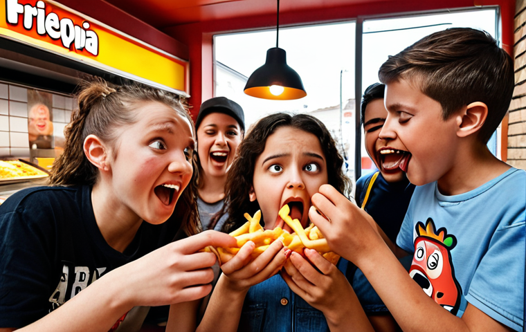 **A group of Alpha generation kids (born 2010+) enthusiastically testing new french fry sauces at the "Frietopia" (a fictional local Rotterdam fries shop), capturing their honest reactions for an Instagram post.** (This represents authentic user engagement and local Rotterdam context.)