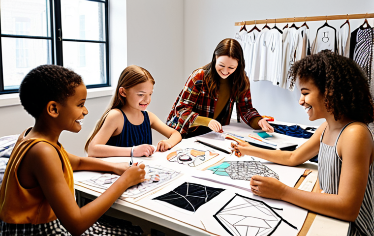 **

A diverse group of Gen Alpha kids are collaboratively designing clothes with a local, sustainable fashion brand owner in a bright, modern studio. The atmosphere is energetic and fun, with sketches, fabric samples, and digital design tools scattered around.  Show them excitedly sharing ideas and working together. The overall vibe should be positive, creative, and focused on ethical fashion.

**
