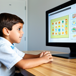 A focused Generation Alpha child, around 9 years old, fully clothed in modest, comfortable attire, engaging with an educational application on a sleek, interactive screen. The child is seated naturally at a modern, light-wood desk in a brightly lit, family-friendly home environment. Their expression shows curiosity and engagement. Perfect anatomy, correct proportions, well-formed hands, natural pose. Professional photography, high resolution, soft lighting, appropriate content, safe for work, fully clothed.
