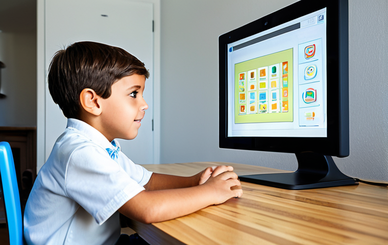 A focused Generation Alpha child, around 9 years old, fully clothed in modest, comfortable attire, engaging with an educational application on a sleek, interactive screen. The child is seated naturally at a modern, light-wood desk in a brightly lit, family-friendly home environment. Their expression shows curiosity and engagement. Perfect anatomy, correct proportions, well-formed hands, natural pose. Professional photography, high resolution, soft lighting, appropriate content, safe for work, fully clothed.