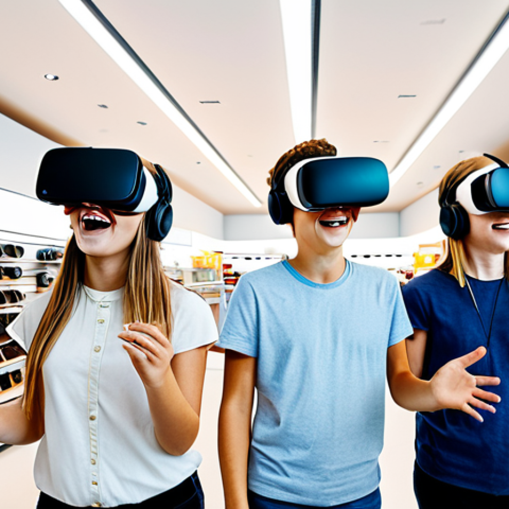 ** A group of young Dutch teens (Alpha Gen) excitedly experiencing a virtual reality product demonstration in a modern, bright store. They are wearing VR headsets and interacting with virtual objects. The store is stylish and features minimalist design elements, reflecting current trends. Focus on the expressions of wonder and engagement.
**