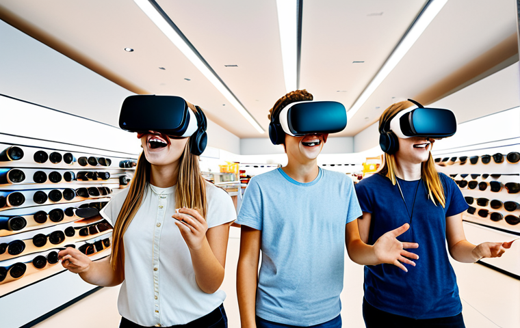 ** A group of young Dutch teens (Alpha Gen) excitedly experiencing a virtual reality product demonstration in a modern, bright store. They are wearing VR headsets and interacting with virtual objects. The store is stylish and features minimalist design elements, reflecting current trends. Focus on the expressions of wonder and engagement.
**