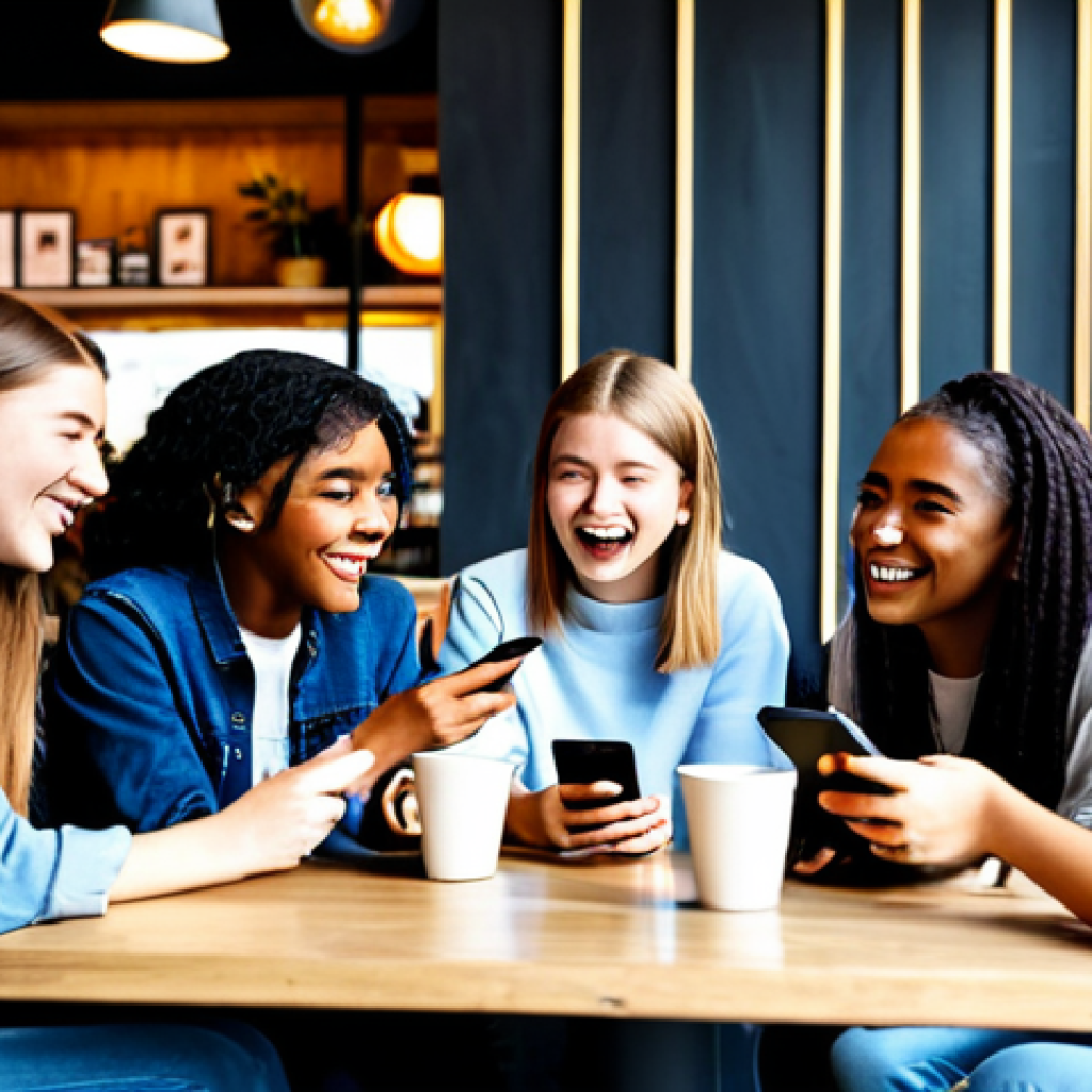 **
A group of diverse teenagers fully clothed, sitting around a table at a trendy cafe, all looking at their smartphones and tablets, displaying various social media feeds and online shopping websites. The background features bright, modern decor and posters advertising sustainable products. Focus on the faces showing a mix of excitement and engagement. Safe for work, appropriate content, fully clothed, professional photography, perfect anatomy, natural proportions, family-friendly.
**