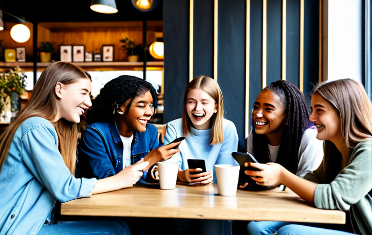 **

A group of diverse teenagers fully clothed, sitting around a table at a trendy cafe, all looking at their smartphones and tablets, displaying various social media feeds and online shopping websites. The background features bright, modern decor and posters advertising sustainable products. Focus on the faces showing a mix of excitement and engagement. Safe for work, appropriate content, fully clothed, professional photography, perfect anatomy, natural proportions, family-friendly.

**