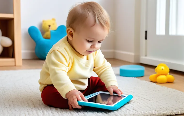 알파세대와 소셜 미디어의 연결 고리 - **Prompt 1: Early Digital Discovery**
A bright-eyed toddler, approximately 2 years old, from Gen...