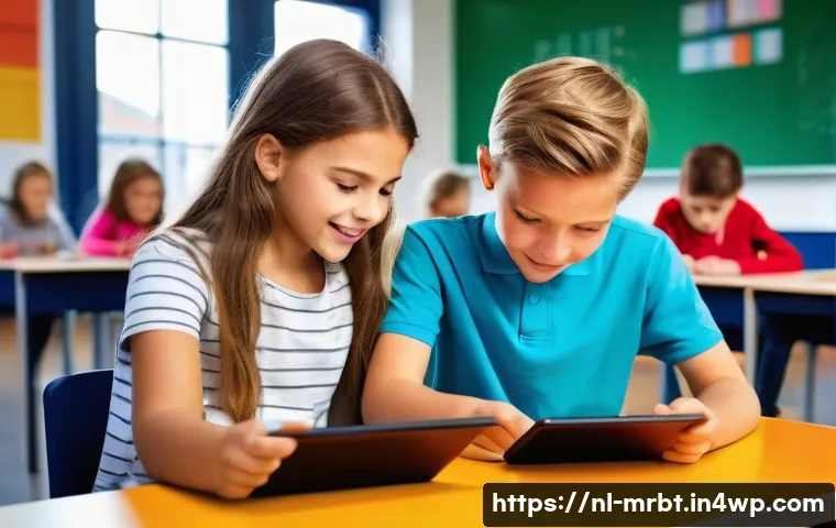 알파세대를 위한 디지털 스토리텔링 방법 - A vibrant, colorful scene of children aged 10-12 engaging with an interactive educational app on tab...