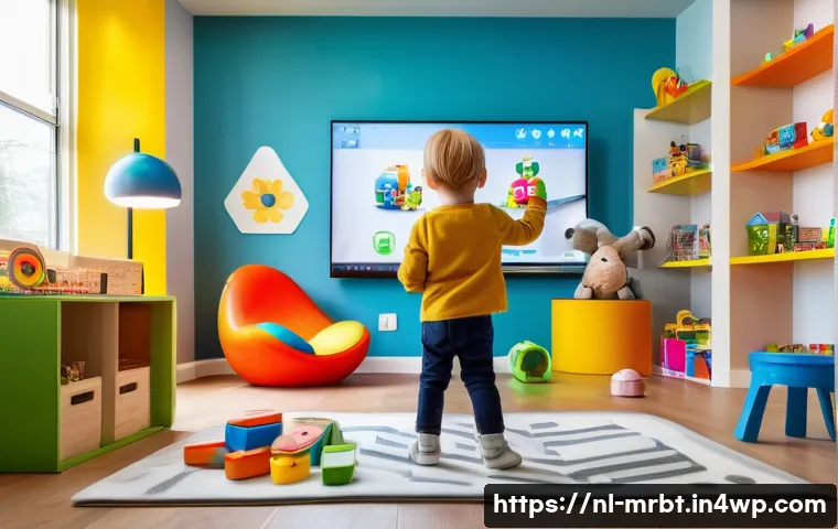 알파세대를 겨냥한 마케팅 실험 사례 - A vibrant and colorful children's playroom in a modern Dutch home, featuring a young child wearing a...