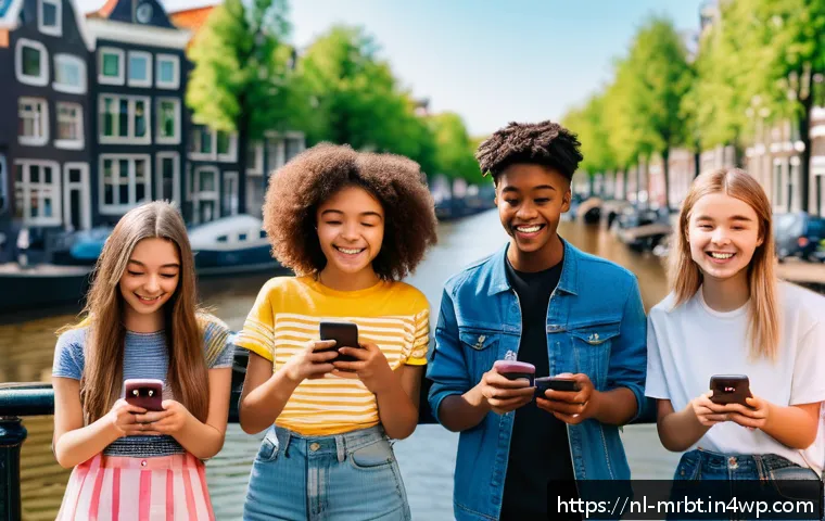 알파세대와 소셜 네트워크의 상관관계 - A vibrant digital scene showing a diverse group of Dutch teenagers engaging with social media on sma...